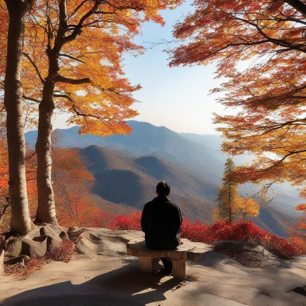 A contemplative individual seated in a hilltop cafe on Mount Seorak, awaiting somebody's arrival during the vibrant fall season.