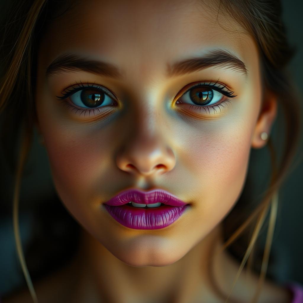A real girl with purple rouge on her lips, showcasing her beautiful brown eyes
