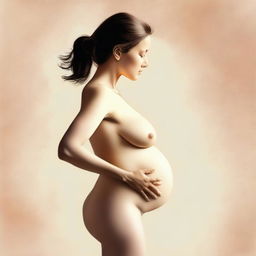 An artistic, tasteful, and high-quality digital art image of a pregnant woman, unclothed but not explicit