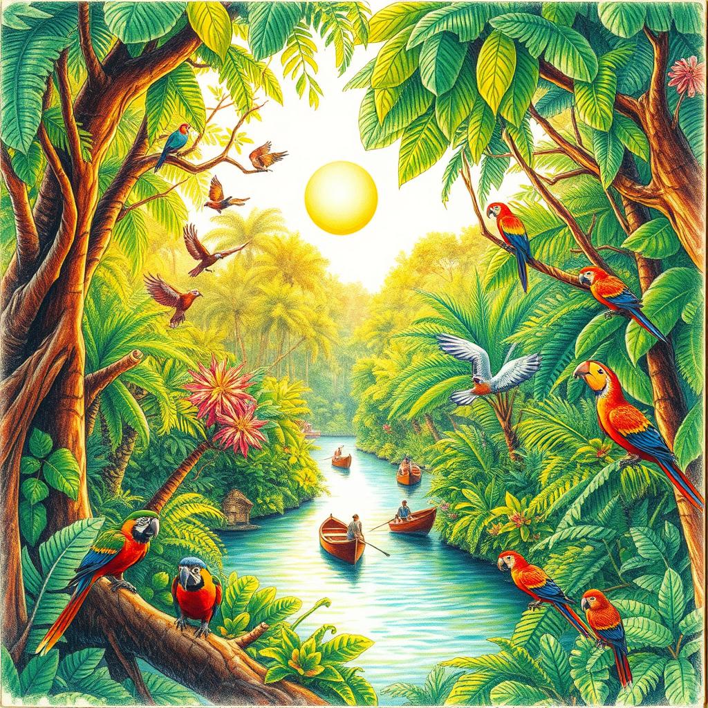 A colorful pencil sketch of a vibrant jungle ecosystem, depicting lush tropical trees with intricate details in their leaves