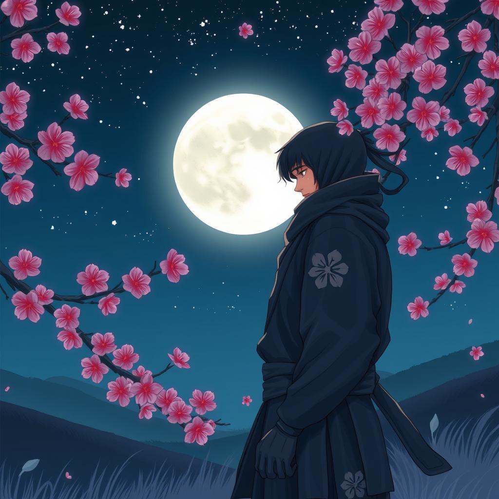 A ninja with a sad expression, standing silently while gazing at the luminous full moon