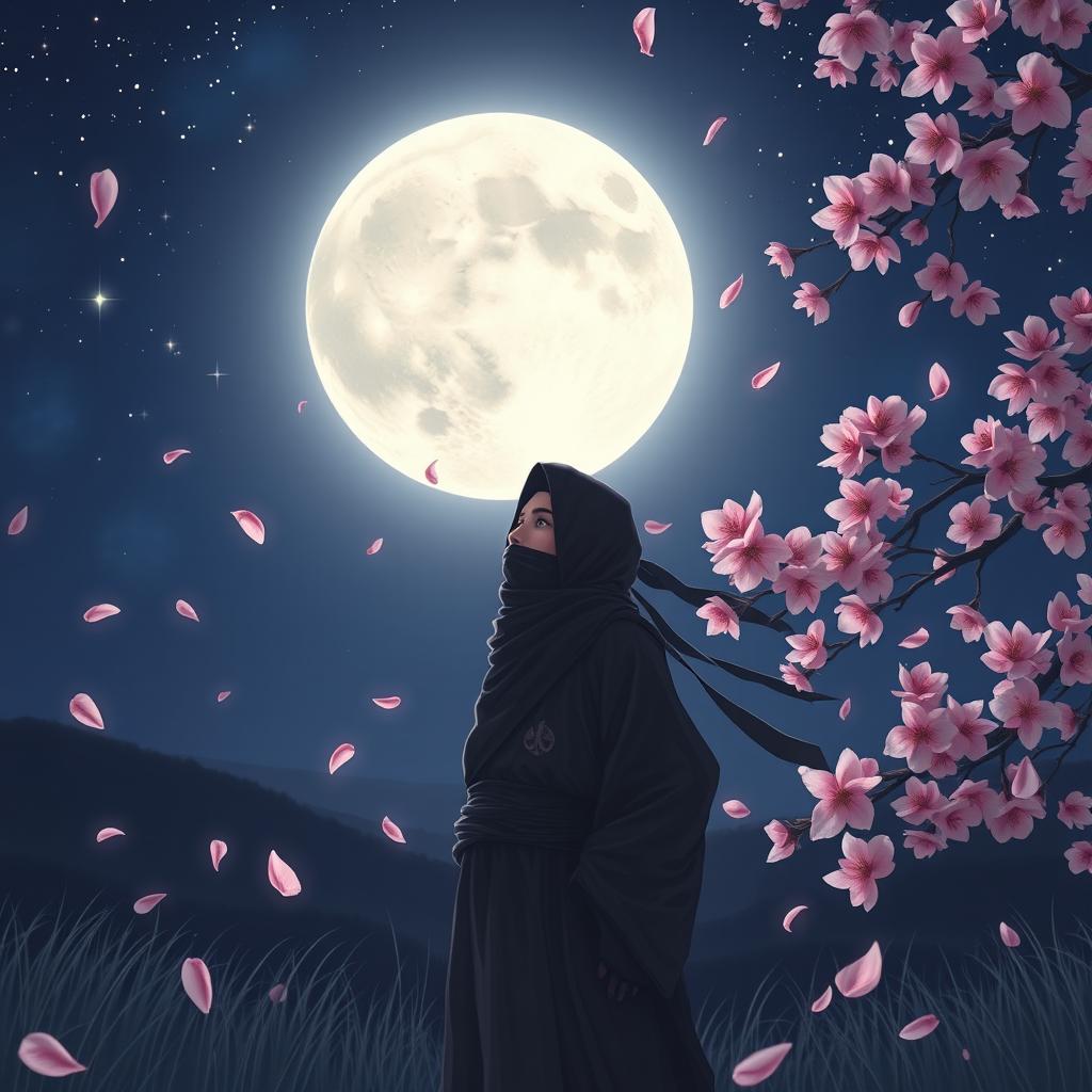 A melancholic ninja standing in a serene landscape, gazing up at a luminous full moon