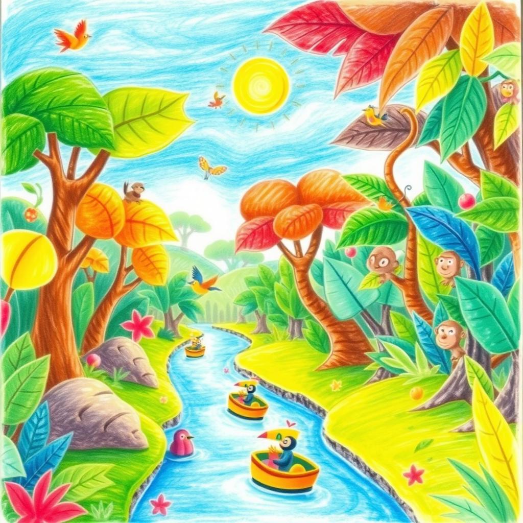 A charming children's sketch of a jungle ecosystem, filled with whimsical tropical trees that have oversized, colorful leaves