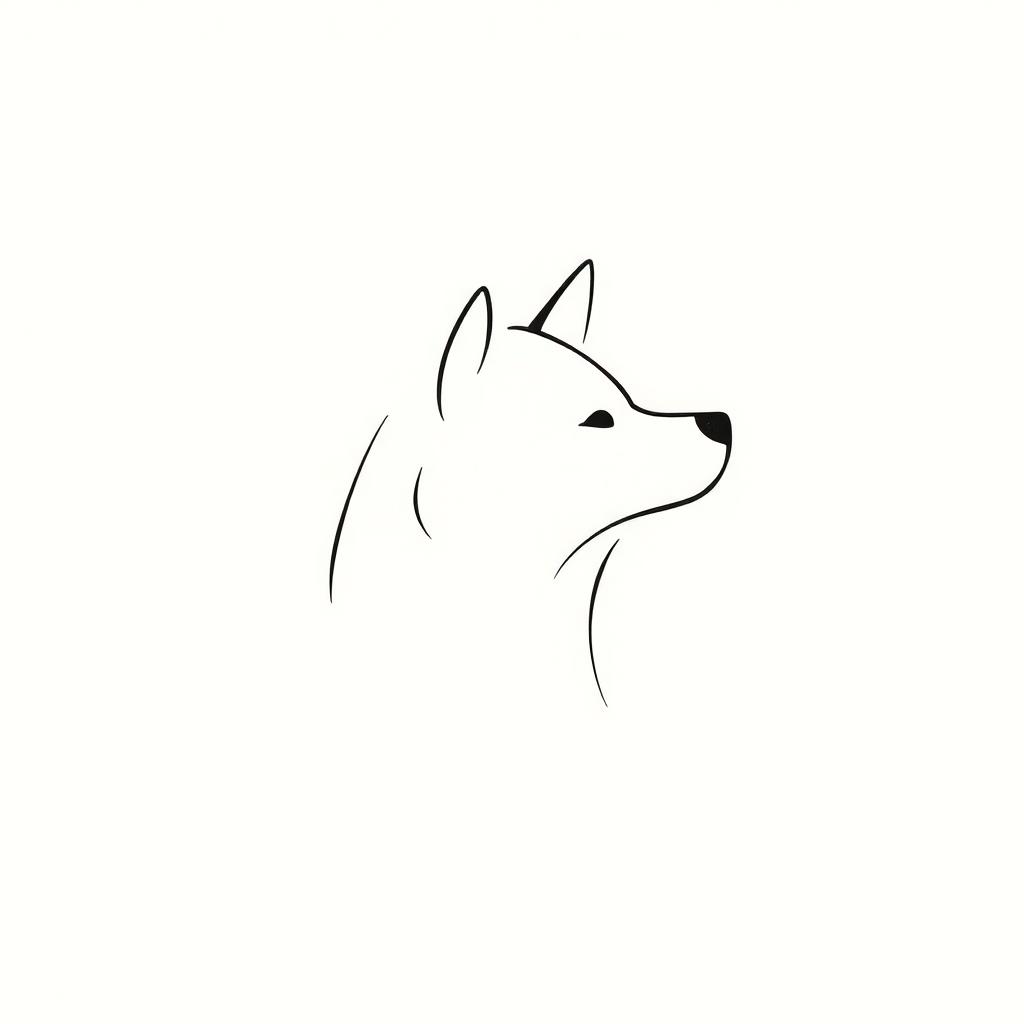 A minimalistic artistic representation of a Shiba Inu dog, depicted with a single twisting line that creates a curved outline capturing half of the dog's face
