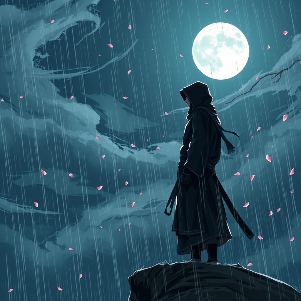 A sad ninja standing on a cliff, gazing up at a bright full moon