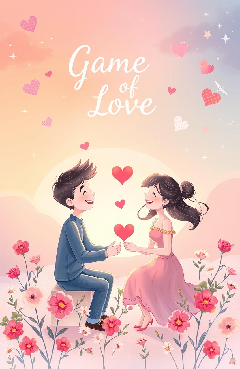 A romantic and whimsical illustration capturing the essence of a 'Game of Love', featuring two playful lovers engaged in a light-hearted game, surrounded by heart-shaped clouds and delicate, colorful flowers