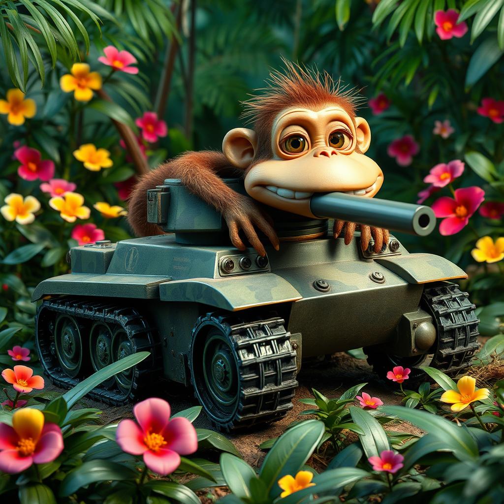 A whimsical hybrid creature that features a monkey combined with a tank, showcasing a playful design