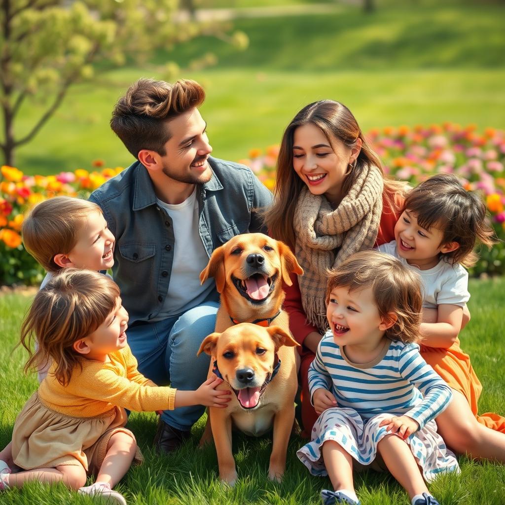 An artistic portrait of a happy family scene featuring two adults, a man and a woman, with three children and a dog