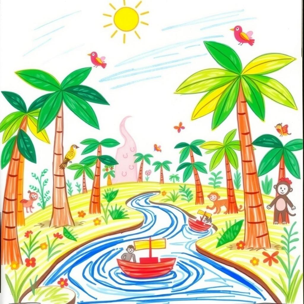 A playful children's sketch of a lively jungle ecosystem, showcasing whimsical tropical trees with oversized leaves and a bright sun shining above