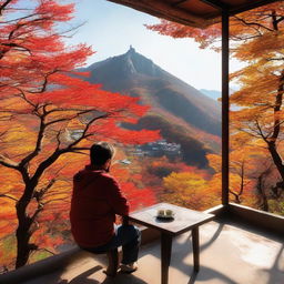 A contemplative individual seated in a hilltop cafe on Mount Seorak, awaiting somebody's arrival during the vibrant fall season.