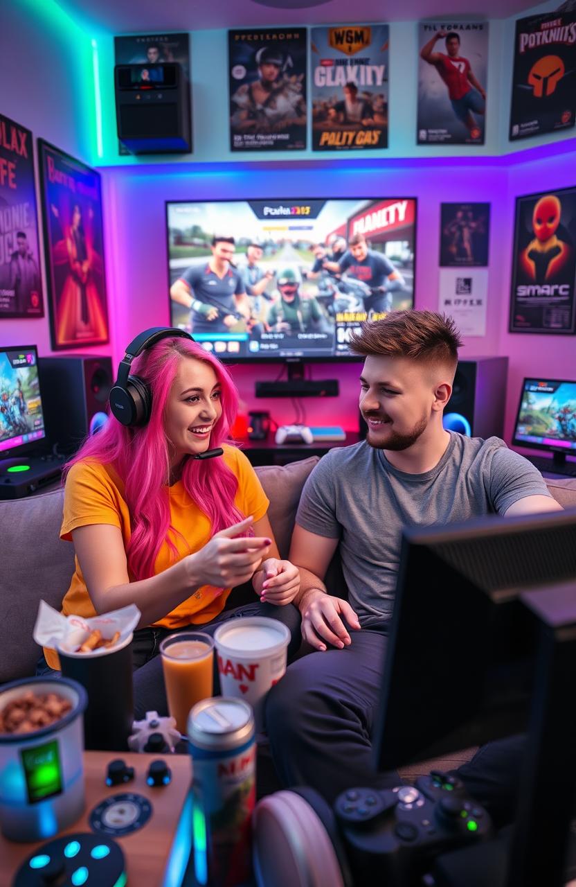 A charismatic gamer streamer couple sitting together in a cozy gaming room
