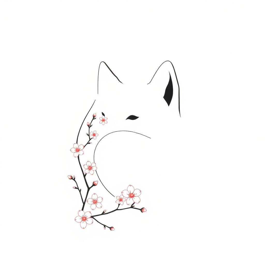 A minimalistic artistic representation of a Shiba Inu dog, depicted with a single twisting line that creates a curved outline capturing half of the dog's face