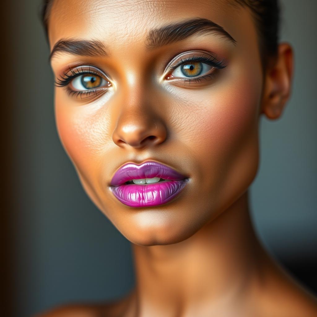 A beautiful young woman with stunning features, including purple lips that stand out elegantly, captivating brown eyes that catch the light, and a warm light brown complexion