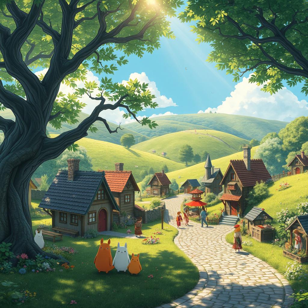 A whimsical scene inspired by Studio Ghibli's enchanting style, depicting a serene landscape filled with vibrant colors and magical elements