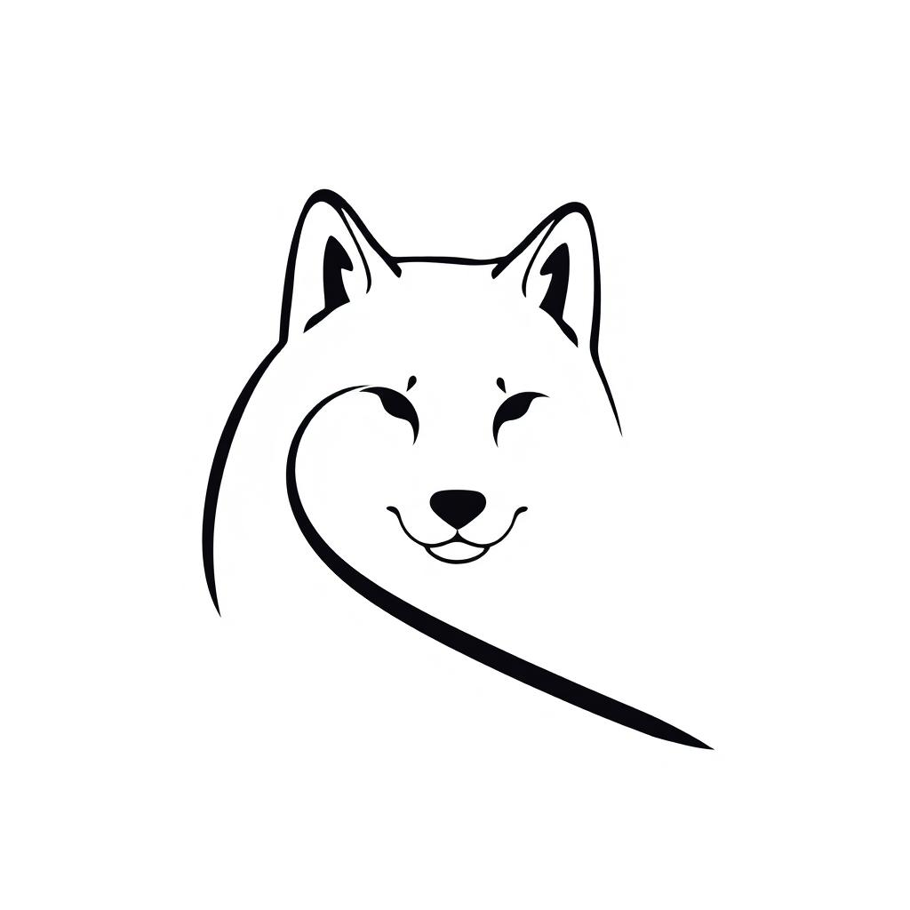 A minimalistic artistic representation of a Shiba Inu dog, depicted with a single twisting line that creates a curved outline capturing half of the dog's face