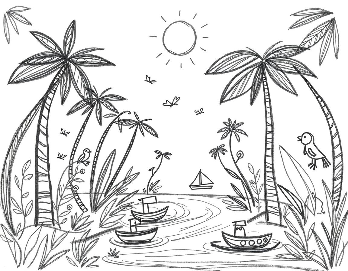 A delightful children's sketch of a jungle ecosystem created in a black pencil scribble style