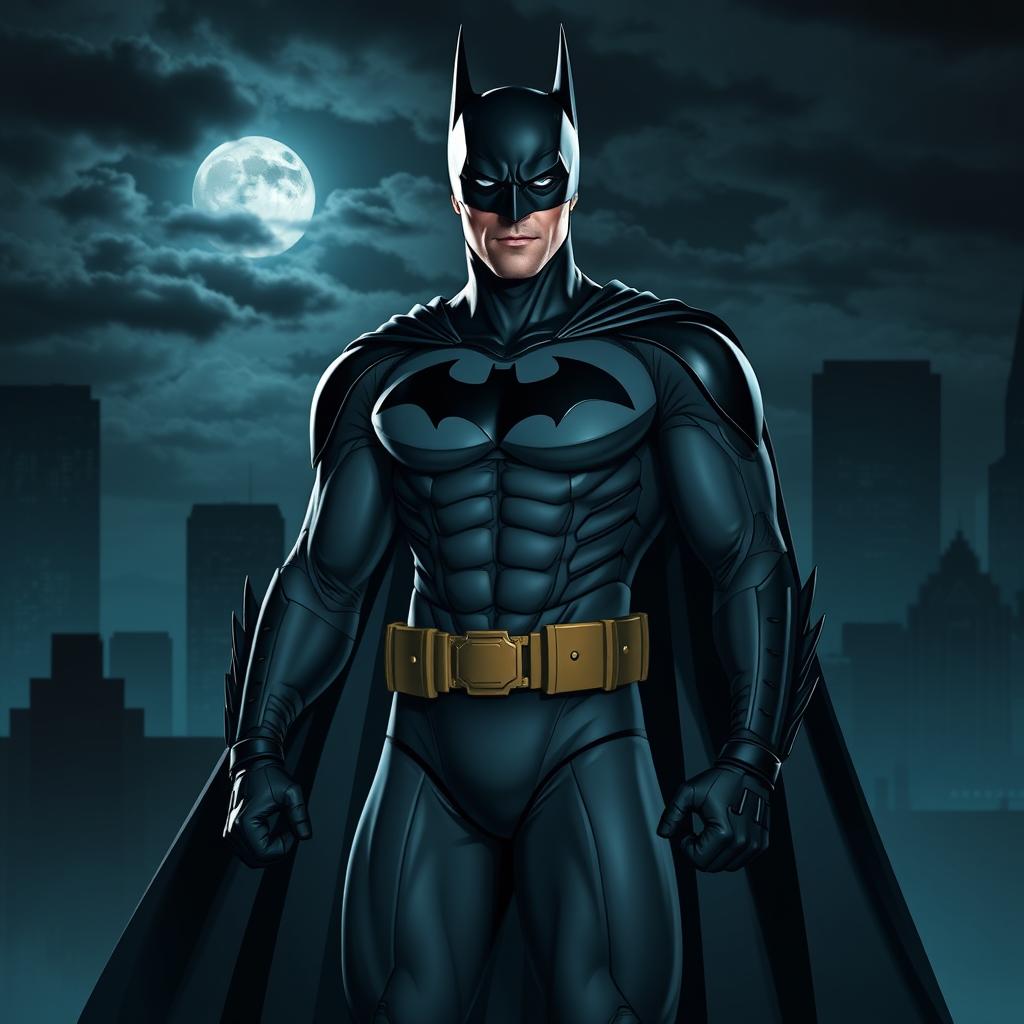 A heroic figure dressed in a sleek Batman costume, showcasing a tight black outfit with a flowing cape, standing confidently against the backdrop of a dark, brooding cityscape