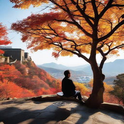 A contemplative individual seated in a hilltop cafe on Mount Seorak, awaiting somebody's arrival during the vibrant fall season.