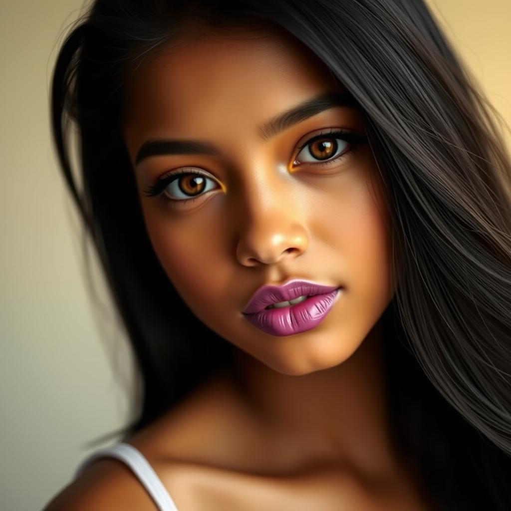 A portrait of a real girl with purple lips, brown eyes, and a light brown face