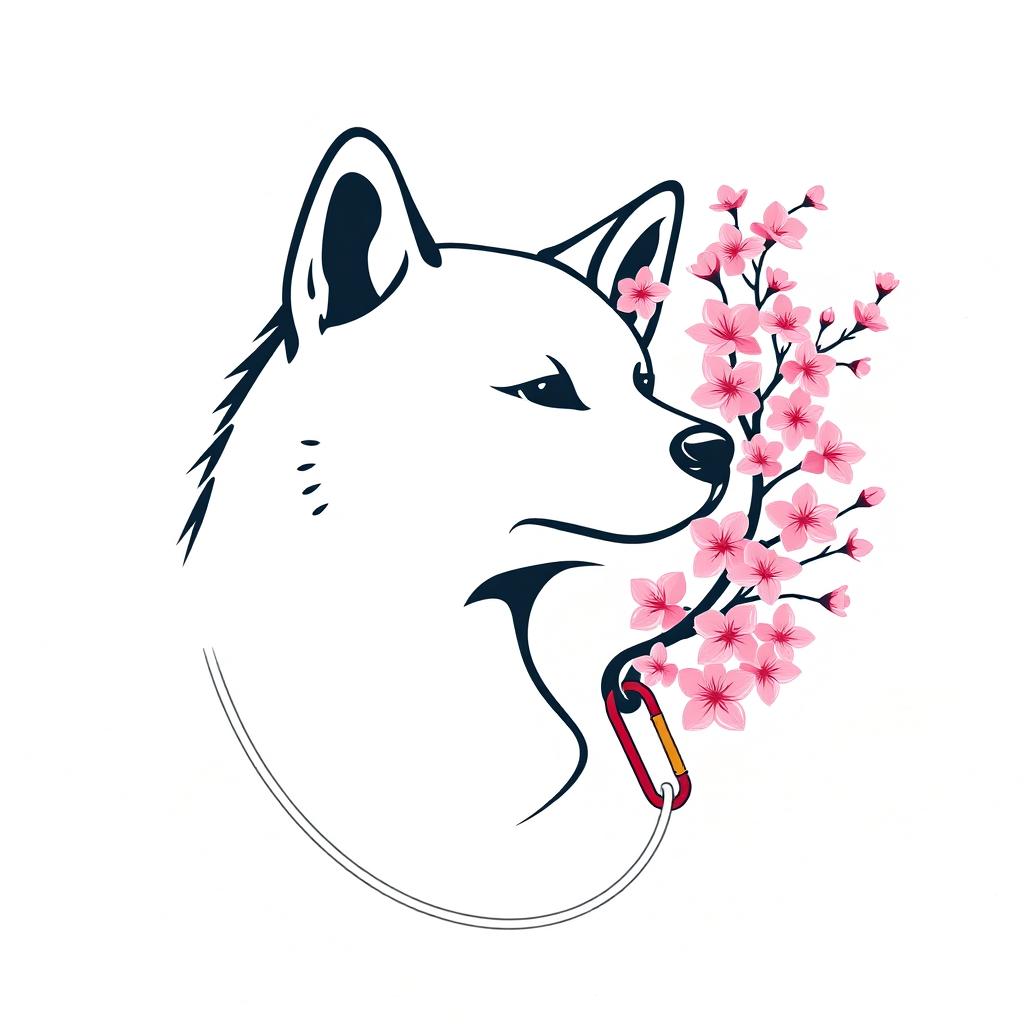 A minimalistic artistic representation of a Shiba Inu dog, depicted with a single twisting line that creates a curved outline capturing half of the dog's face