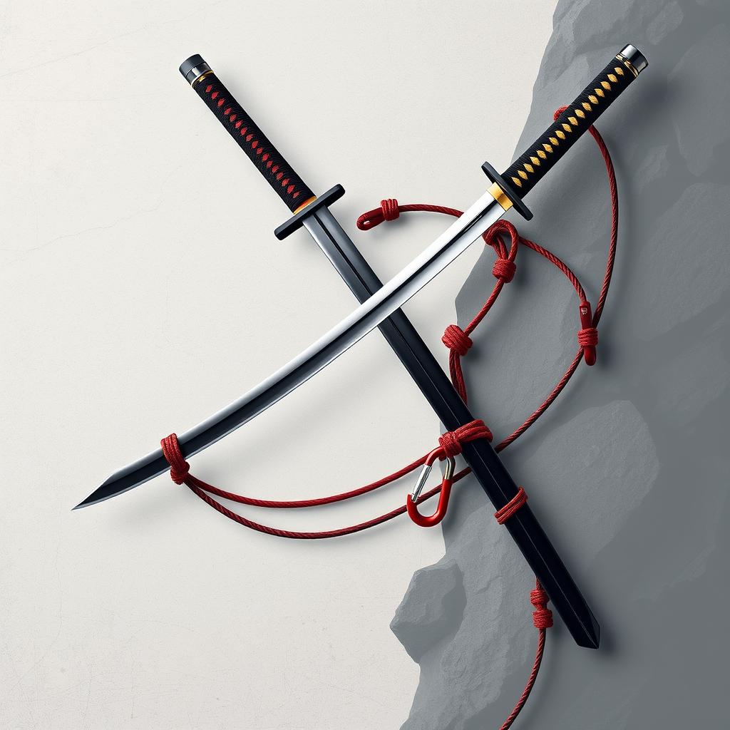 An artistic representation of a katana sword dynamically intertwined with rock climbing elements