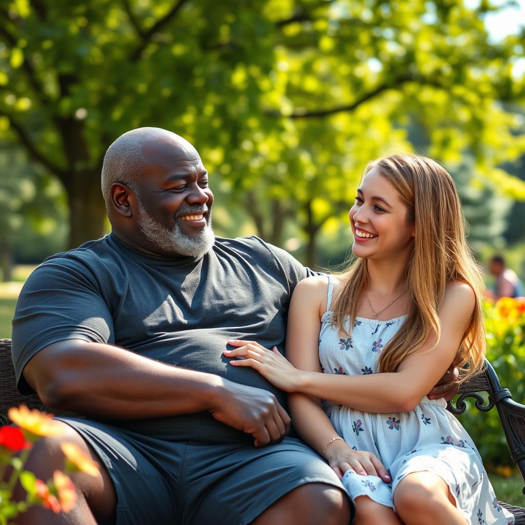An older black man with a muscular build and deep, wise features, sitting comfortably with a teen blonde girl who has bright blue eyes, wearing a casual summer dress