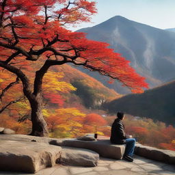 A contemplative individual seated in a hilltop cafe on Mount Seorak, awaiting somebody's arrival during the vibrant fall season.