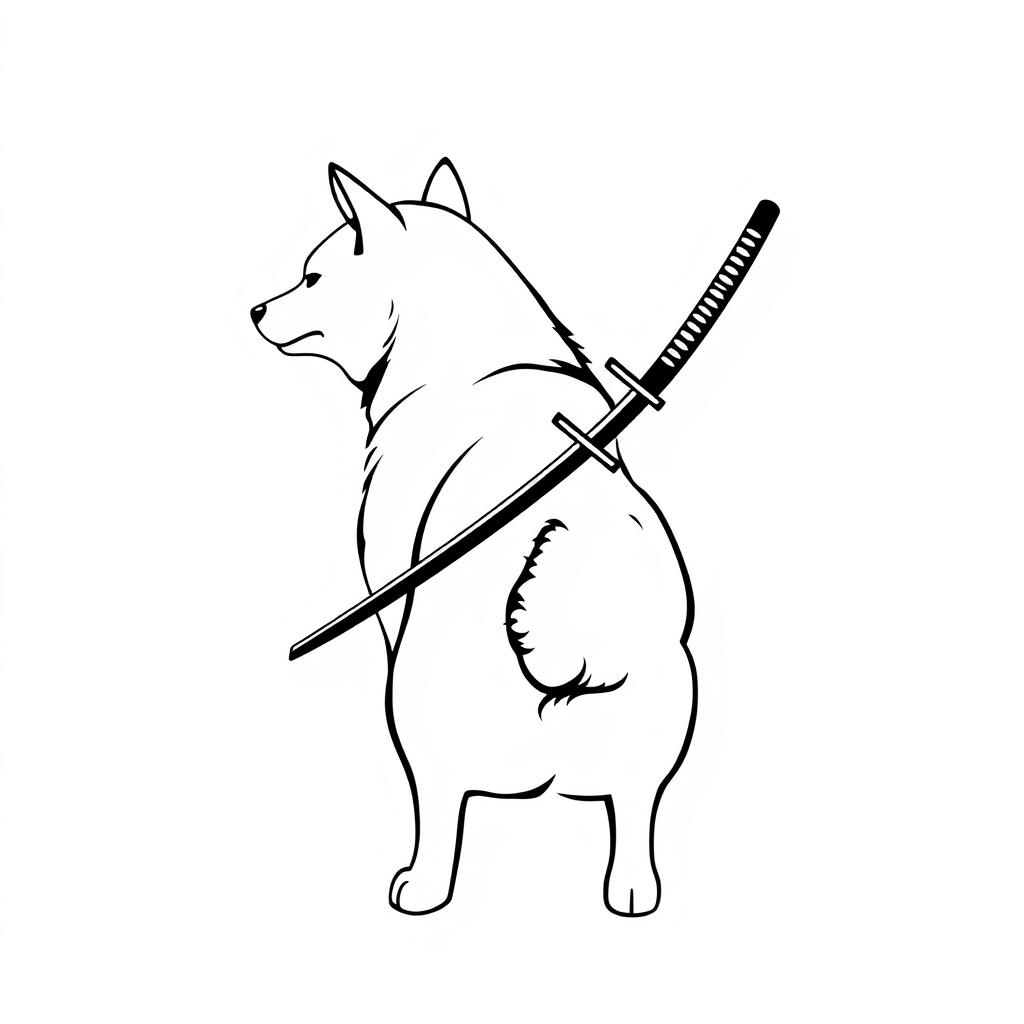 A minimalistic artistic representation of a Shiba Inu dog, turned around to showcase its playful character, with a sleek katana sword integrated into the design