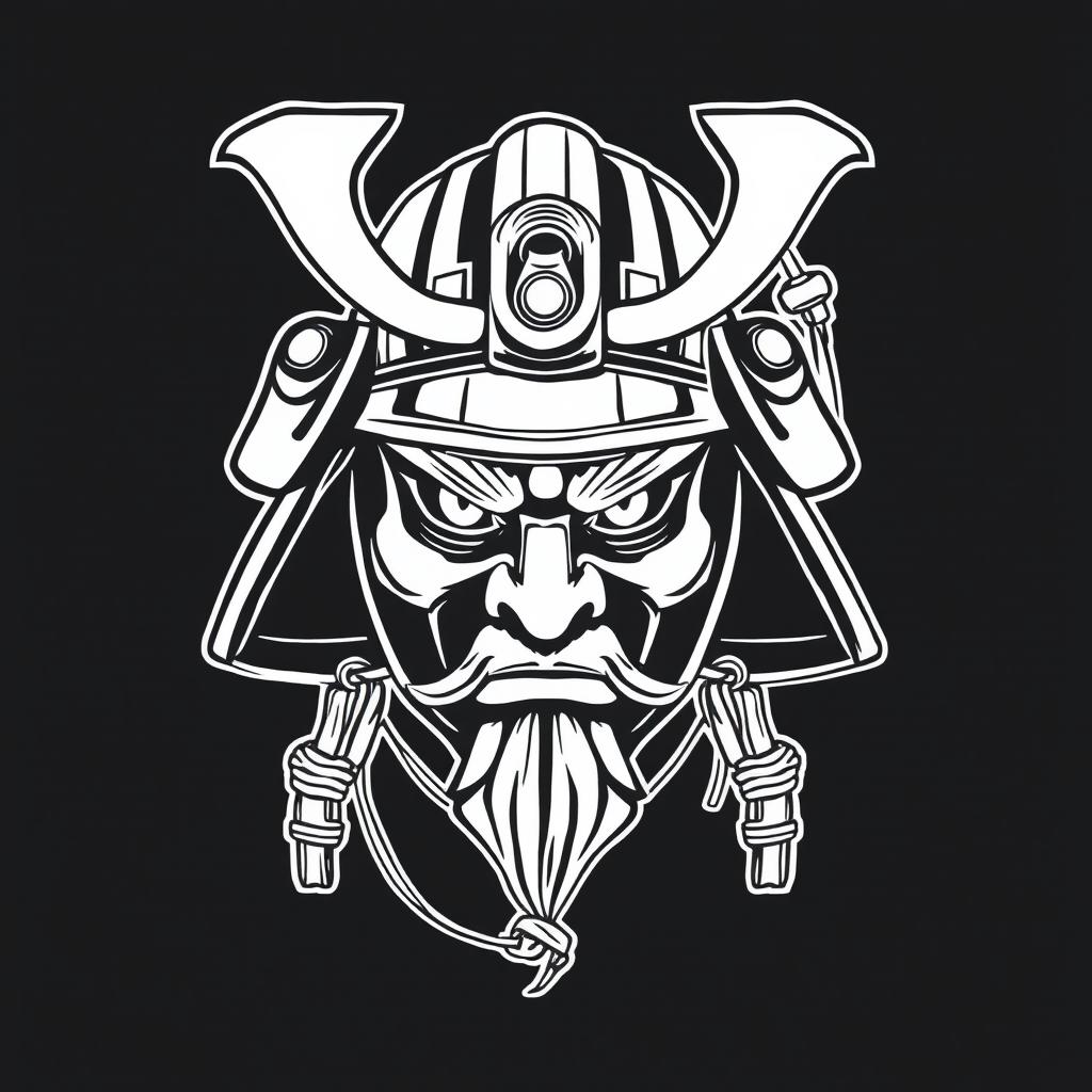 A striking and imaginative line drawing of a samurai's face, creatively combined with rock climbing elements