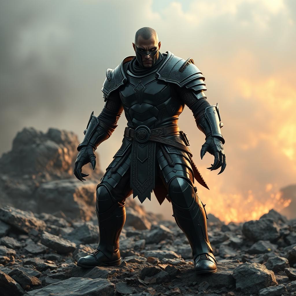 A dramatic scene depicting a powerful warrior named Lukas standing in a battle-ready stance on a rocky battleground