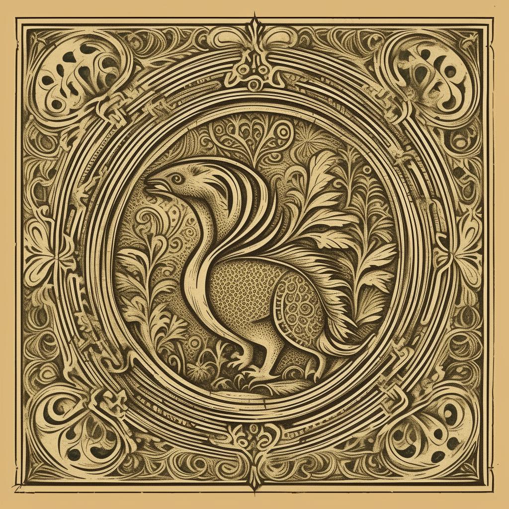 A logo combining text and an animal, designed in the aesthetic of 15th-century traditional print art embellished with intricate ornaments.