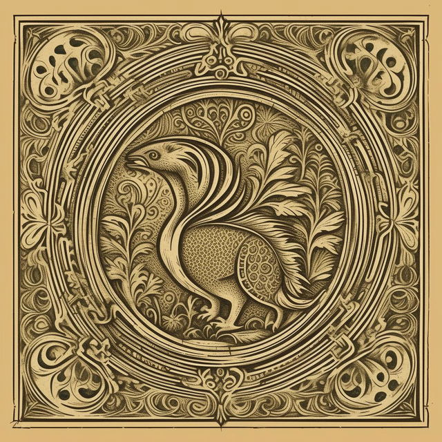 A logo combining text and an animal, designed in the aesthetic of 15th-century traditional print art embellished with intricate ornaments.