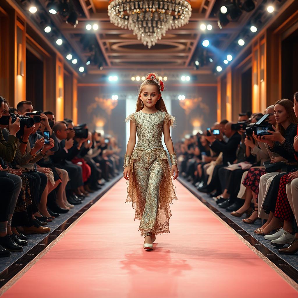 A young girl confidently walking down a grand fashion runway, dressed in an elegant and intricately designed outfit, showcasing high-fashion elements