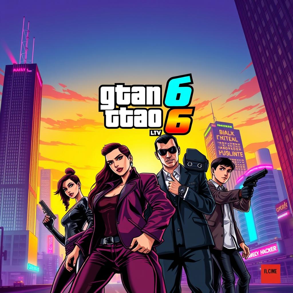 A highly stylized and dynamic poster for a fictional video game titled 'GTA 6'