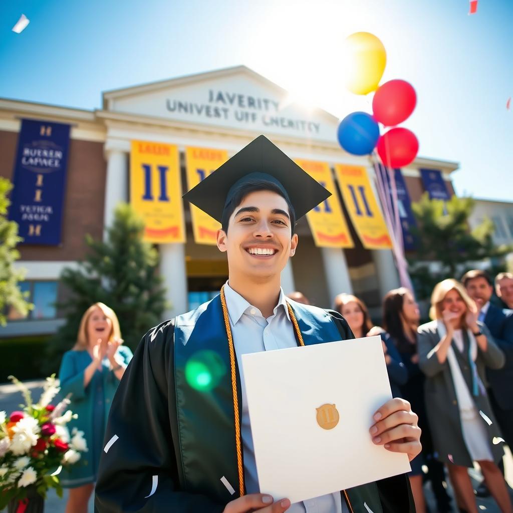 A young man in a graduation gown and cap, holding a diploma in one hand and smiling broadly