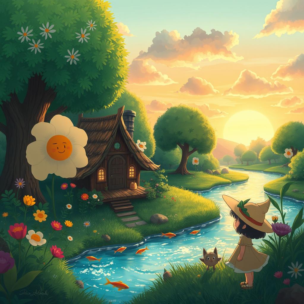 A whimsical scene inspired by Studio Ghibli, featuring a lush, green forest with oversized flowers and gentle creatures peeking from behind trees