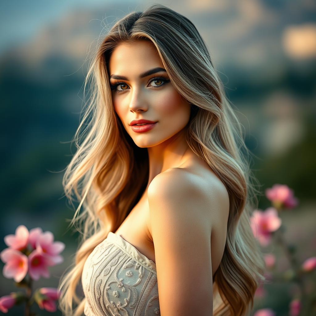 A striking portrait of a confident and alluring woman, showcasing her elegance and beauty