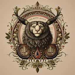 A logo combining text and an animal, designed in the aesthetic of 15th-century traditional print art embellished with intricate ornaments.