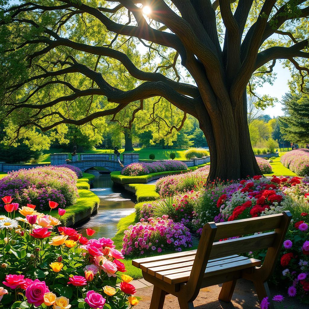 A tranquil morning scene in a large, sunlit garden, featuring vibrant, blooming flowers of all colors including roses, tulips, and daisies