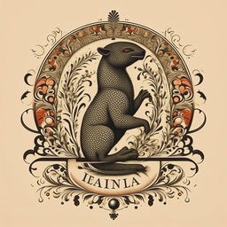 A logo combining text and an animal, designed in the aesthetic of 15th-century traditional print art embellished with intricate ornaments.