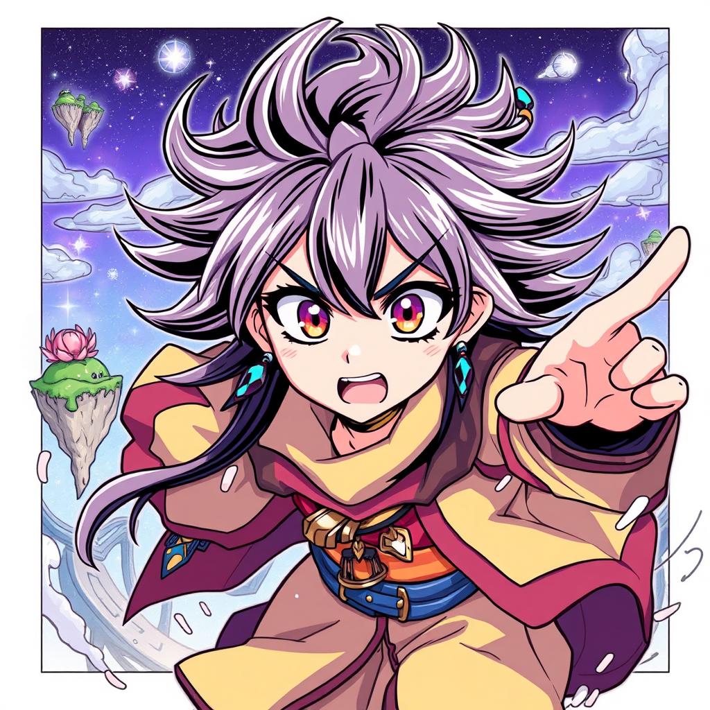 A vibrant manga-style illustration featuring a dynamic character with exaggerated facial expressions, large eyes, and intricate details in the hair