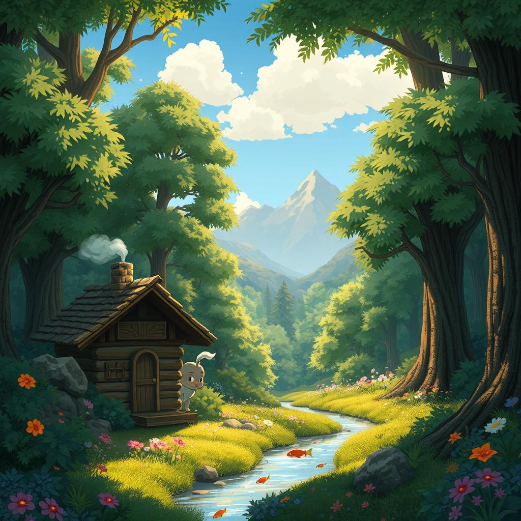 A whimsical and enchanting forest scene inspired by Studio Ghibli, filled with lush greenery, vibrant flowers, and magical creatures