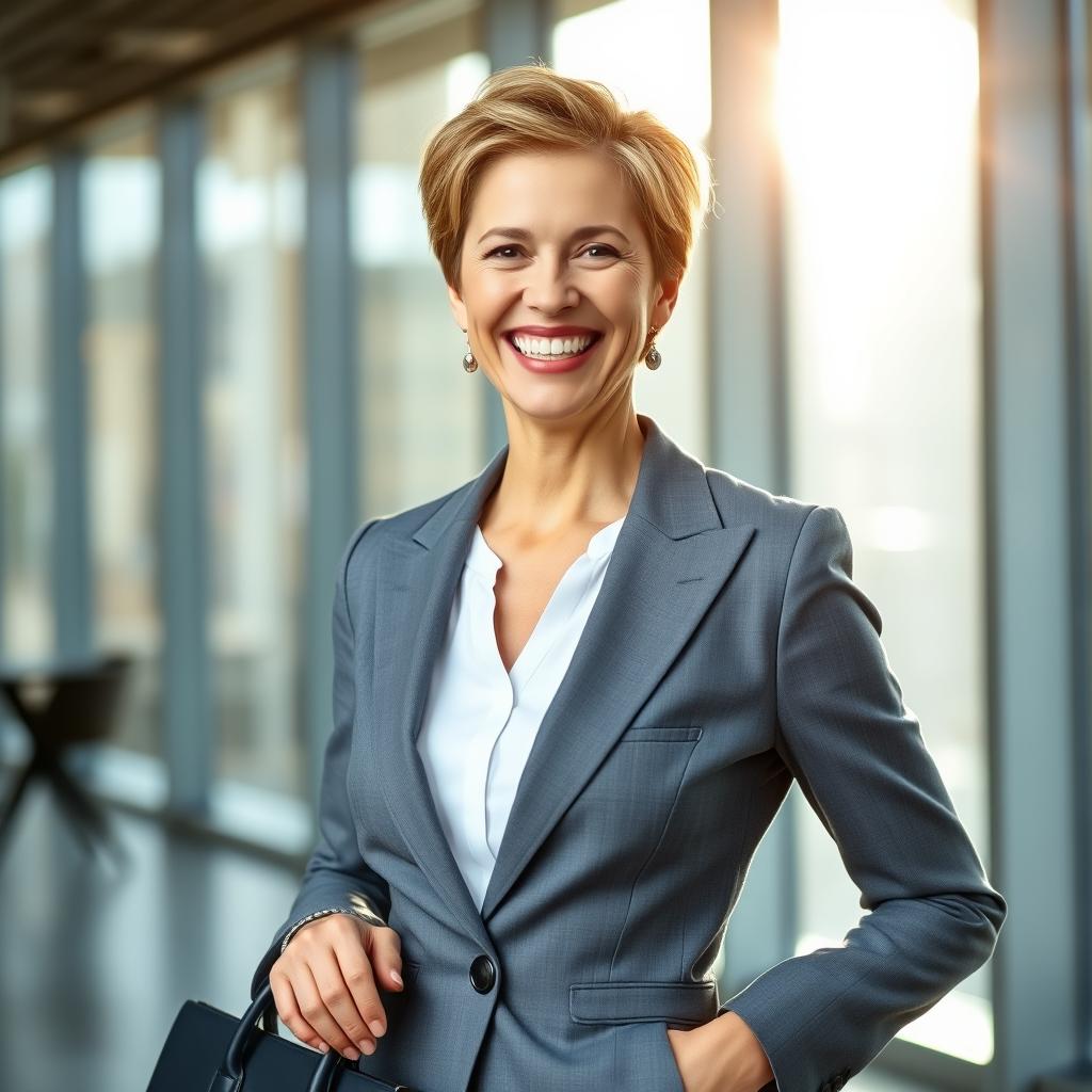 A joyful mature businesswoman standing confidently with a bright smile, dressed in a stylish tailored suit, exuding professionalism and positivity
