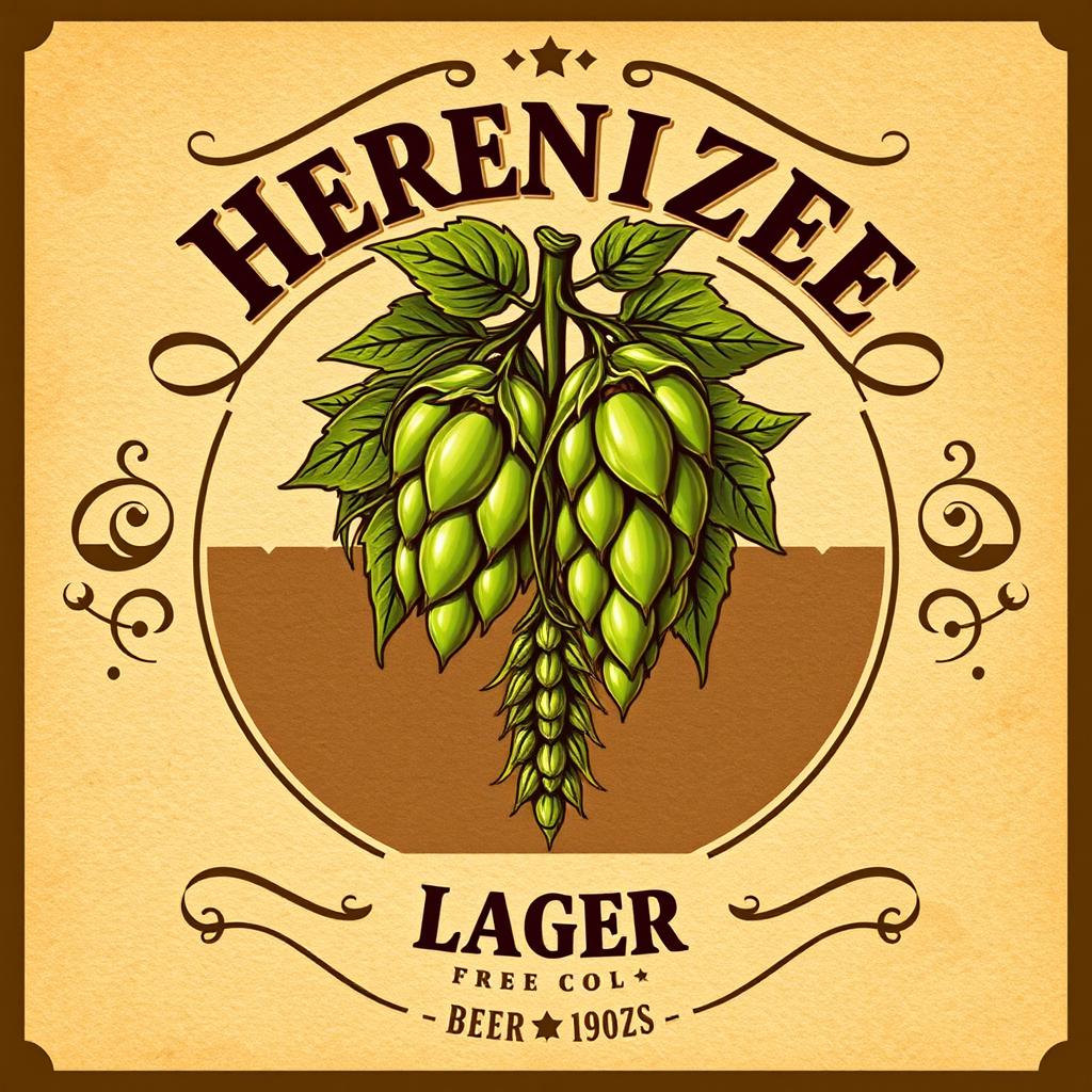 A creative and eye-catching beer label design, featuring a detailed illustration of a hops plant intertwined with a barley stalk