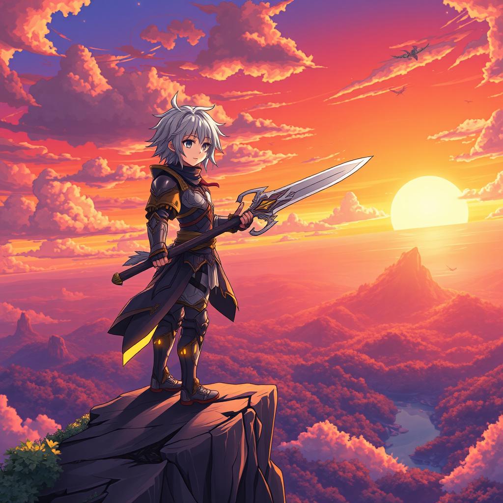A vibrant anime-style illustration featuring a heroic character standing atop a cliff edge overlooking a vast landscape filled with mystical forests, floating islands, and a radiant sunset