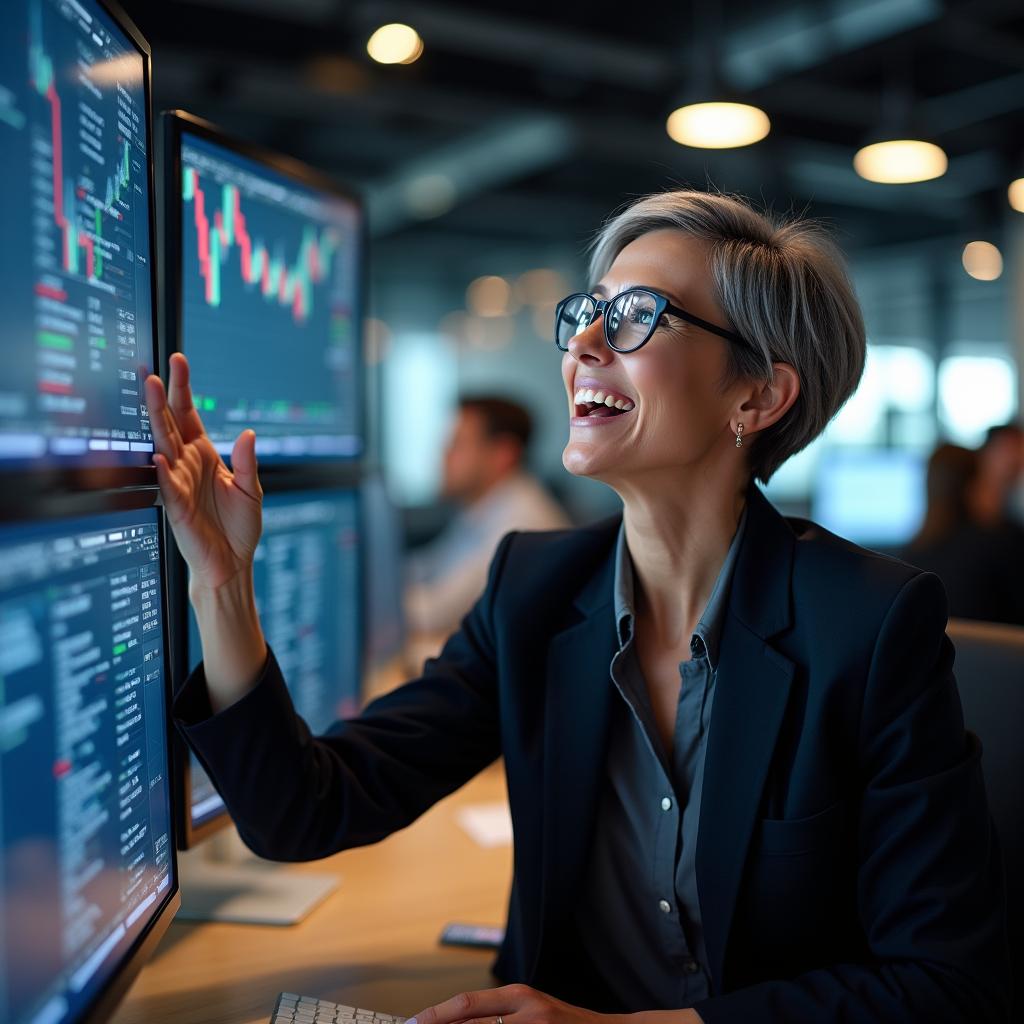 A cheerful mature lady financial trader, passionately analyzing stock charts on dual screens in a modern trading room