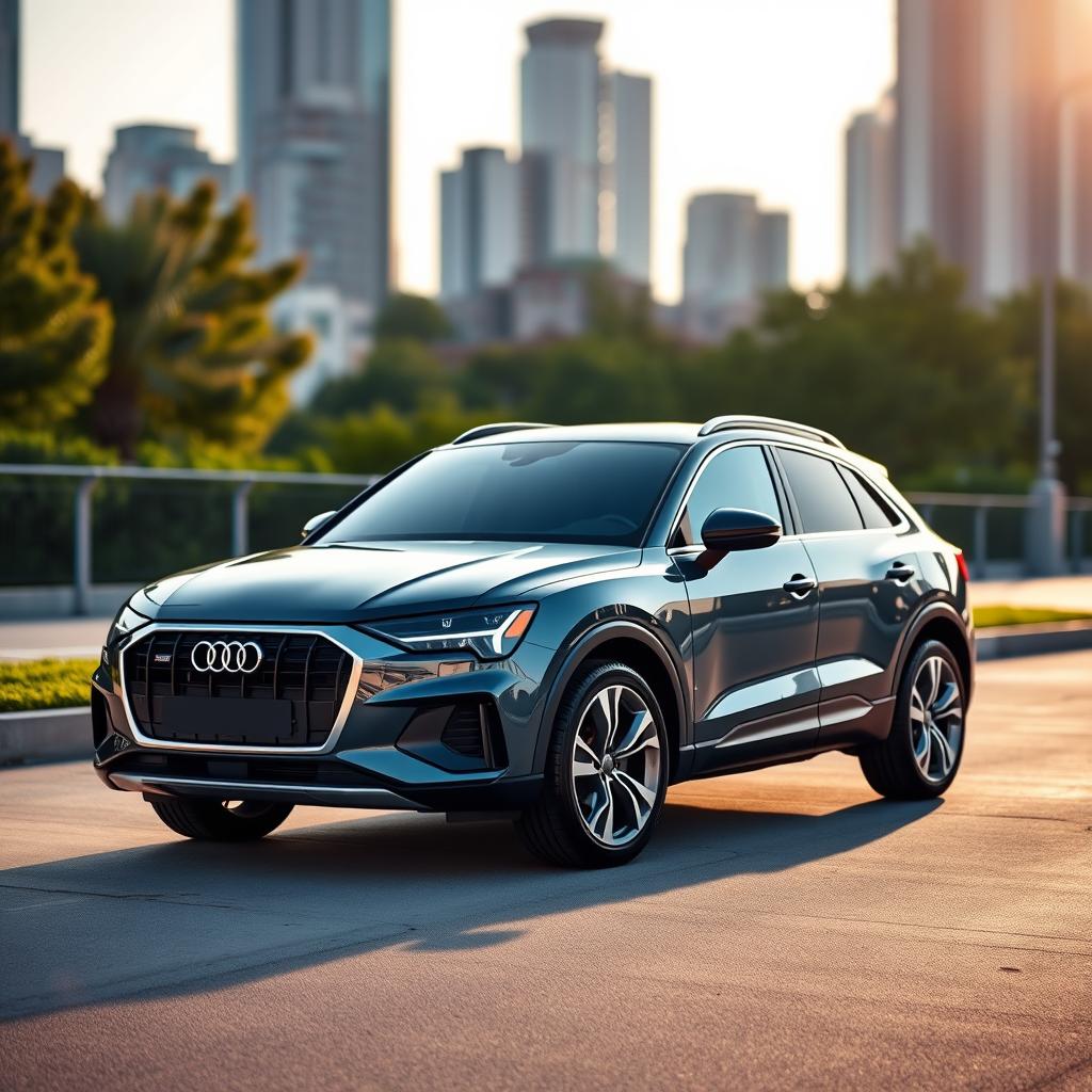 A sleek and modern Audi Q4 parked in a picturesque urban setting