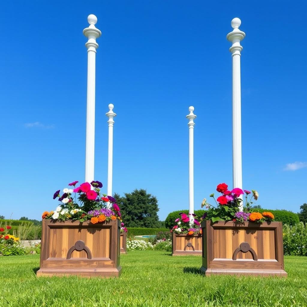 A tranquil outdoor garden scene featuring elegant white poles standing tall against a blue sky