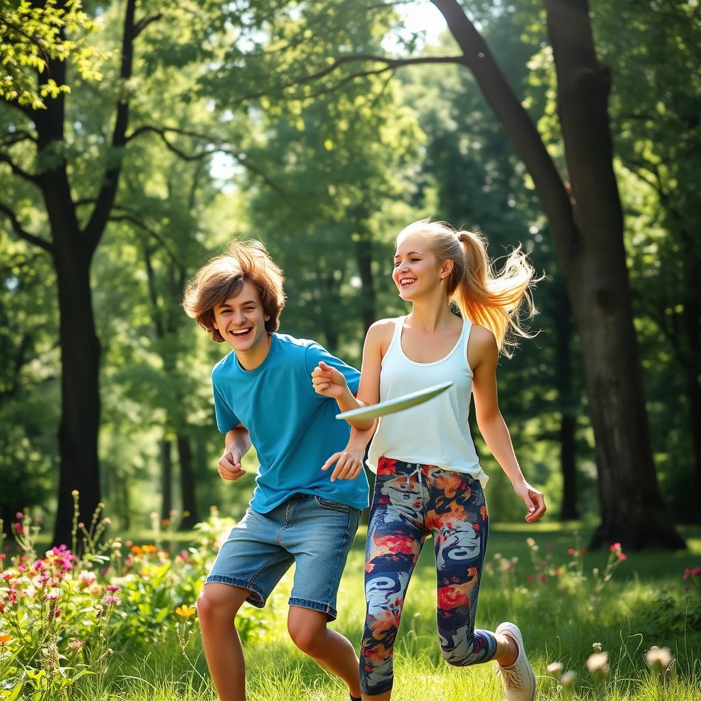 A vibrant and dynamic scene featuring two young adults, both in their twenties, engaged in an energetic outdoor activity