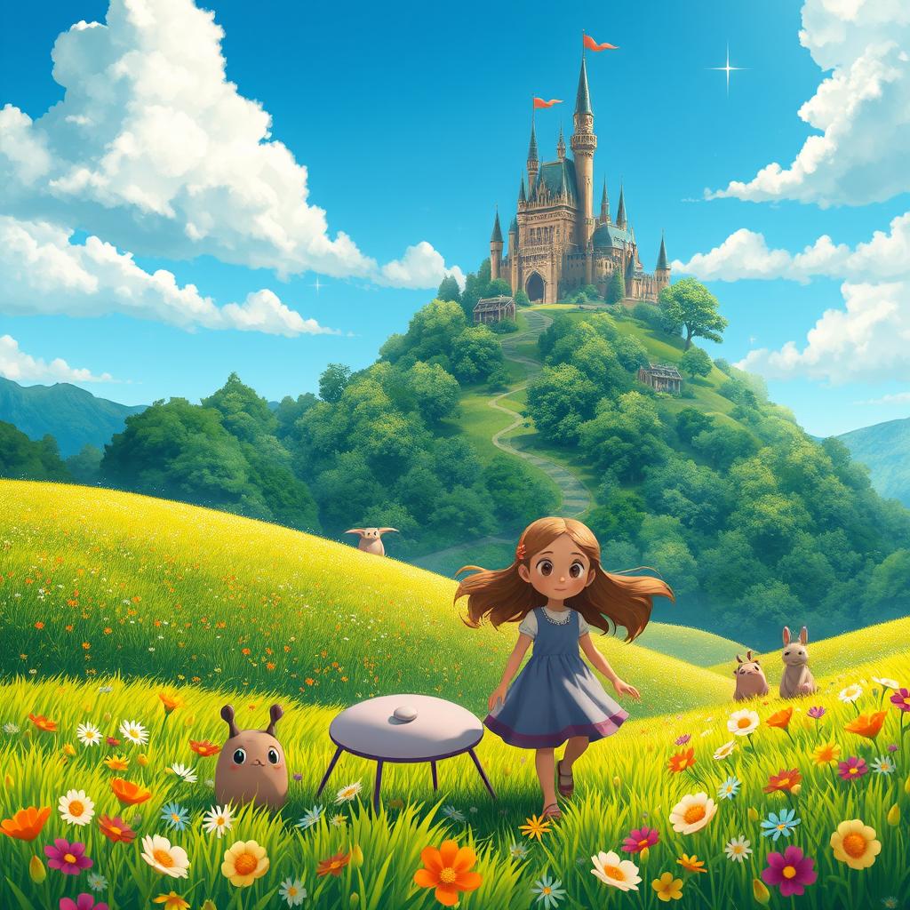 A whimsical fantasy landscape inspired by Studio Ghibli movies, featuring lush green fields dotted with colorful flowers, a serene blue sky with fluffy white clouds, and fantastical creatures such as small, fluffy animals and mythical beings